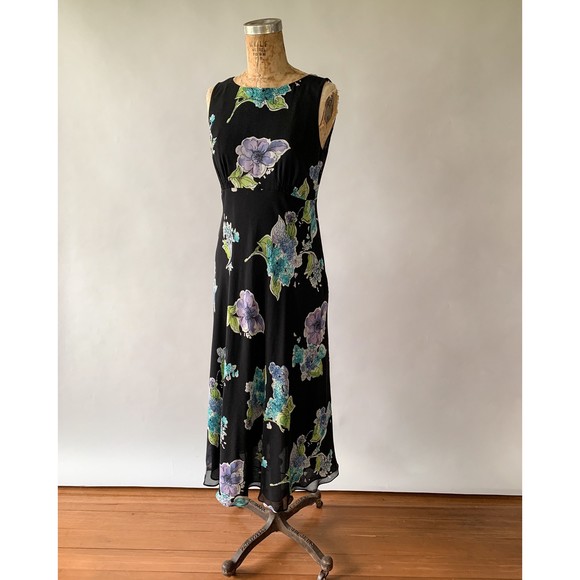 VTG Y2K Talbots Black Floral Silk Chiffo 1930s Style Bias Cut Dress S Size 4 - Picture 7 of 10